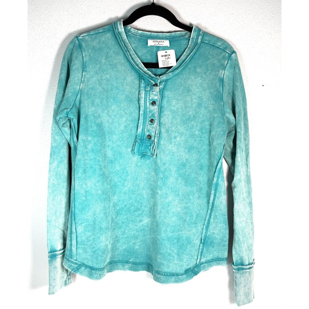 Zenana Women's Size S Teal Mineral Wash Henley Top Thumb Hole Cuffs NWT